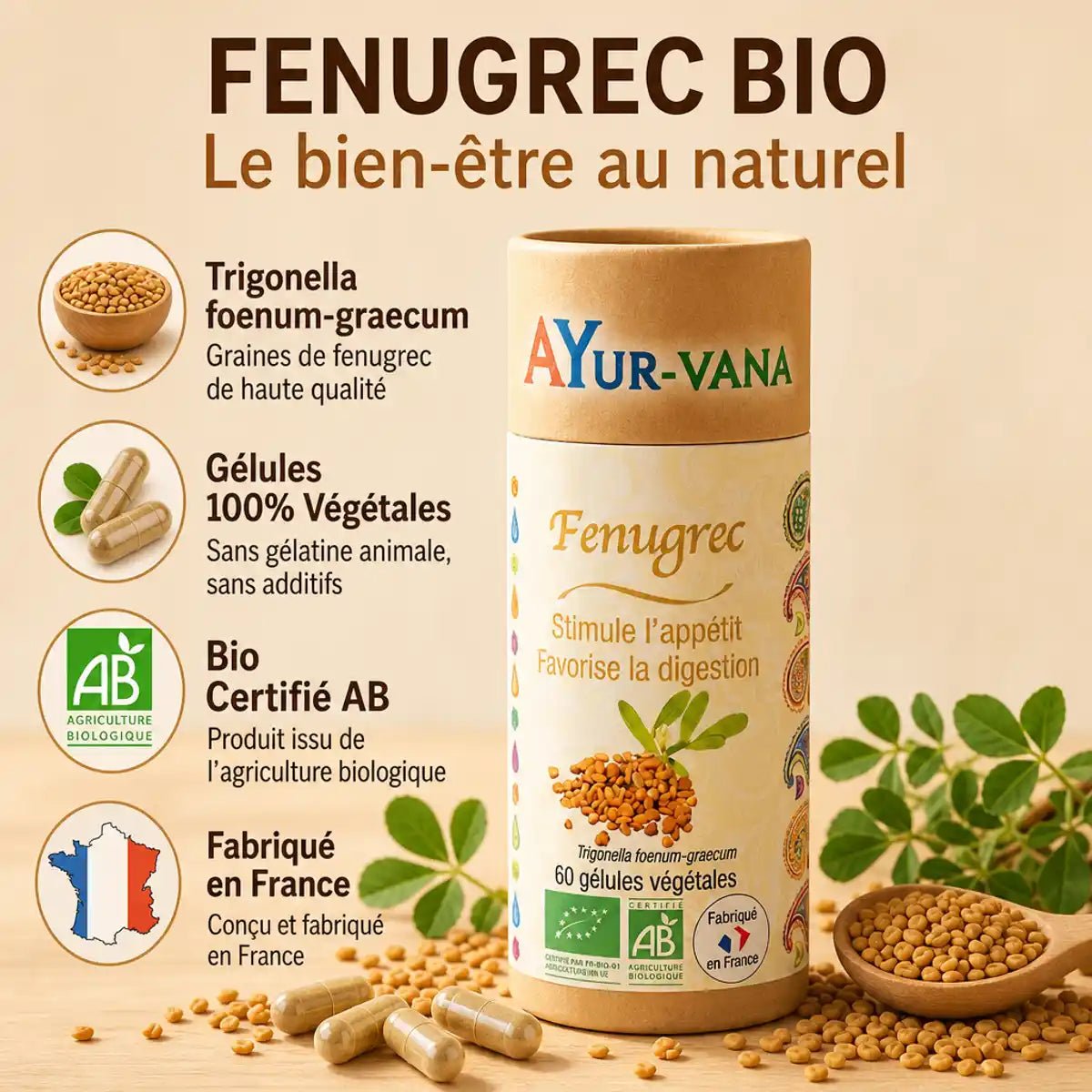 Gélules Fenugrec bio Ayurvana avec seeds, feuilles et certifications AB - produit naturel français