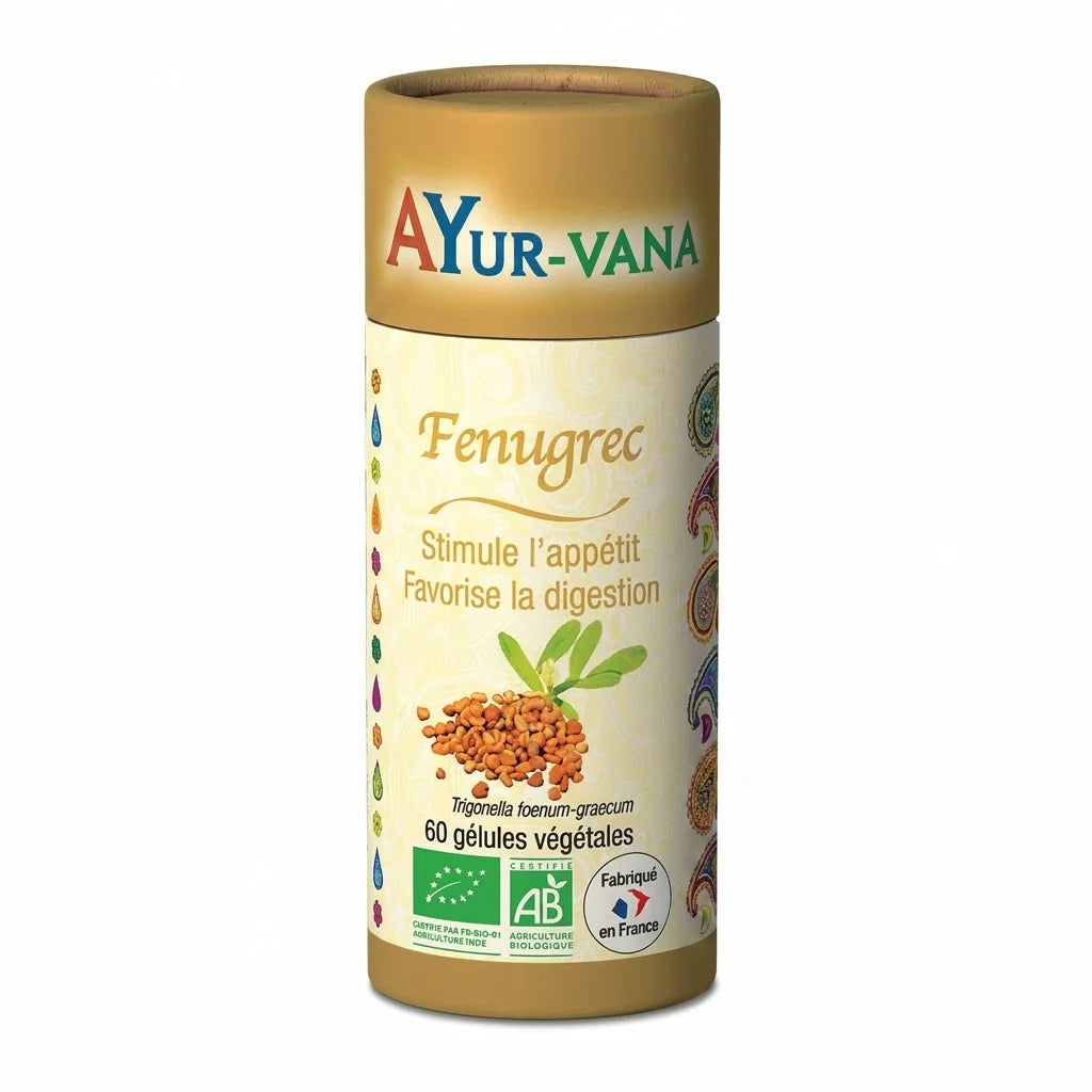 Flacon de gélules Fenugrec bio Ayurvana sur fond blanc