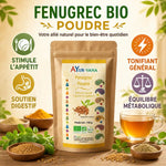 Fenugrec Bio poudre Ayur-Vana 150g avec bénéfices digestifs et tonifiants en infographie