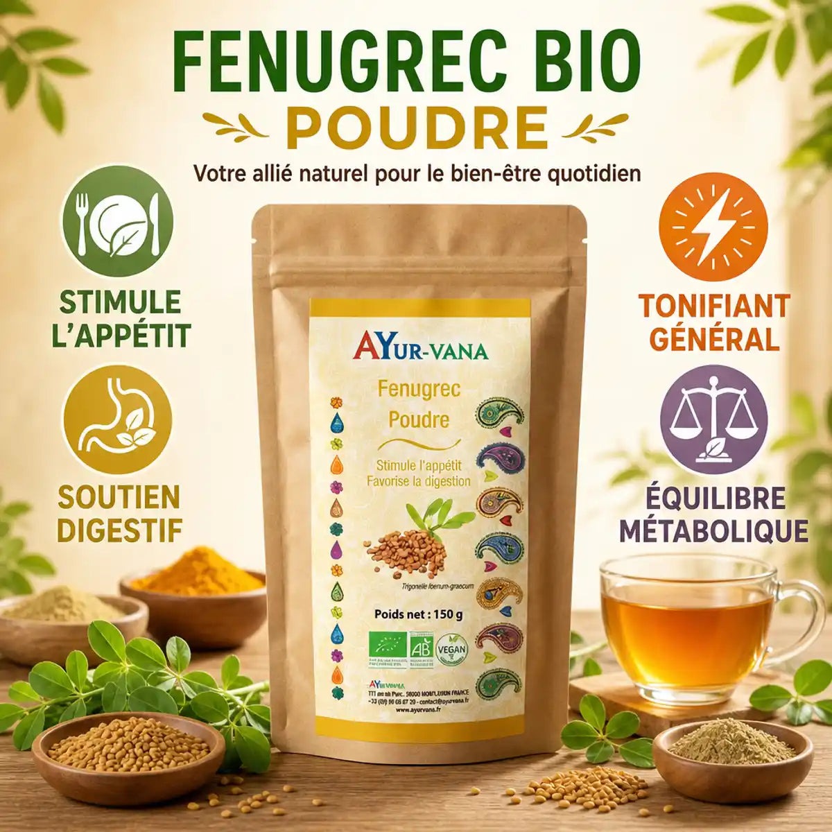 Fenugrec Bio poudre Ayur-Vana 150g avec bénéfices digestifs et tonifiants en infographie