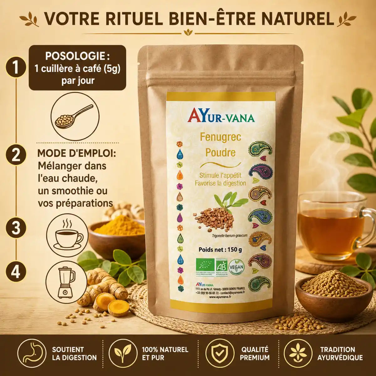 Fenugrec Bio poudre Ayur-Vana 150g avec guide posologie et préparation bien-être