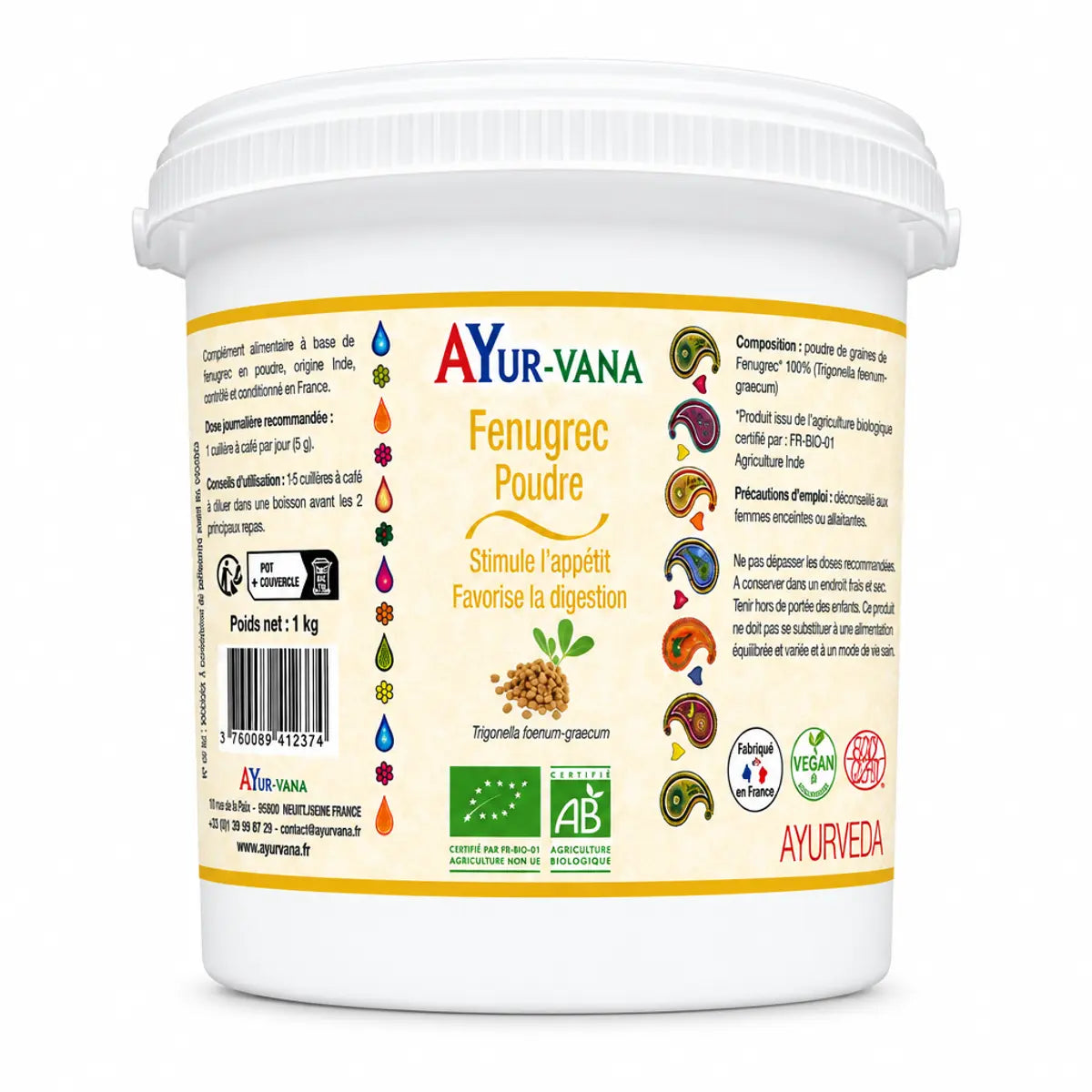 Pot de Fenugrec Bio en poudre Ayur-Vana sur fond blanc, complément alimentaire naturel
