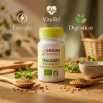 Gélules de Fenugrec bio Graine Sauvage avec icônes énergie, vitalité et digestion sur fond bois