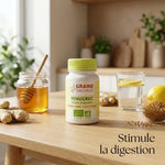 Gélules fenugrec bio Graine Sauvage sur table bois avec miel et gingembre, stimule digestion