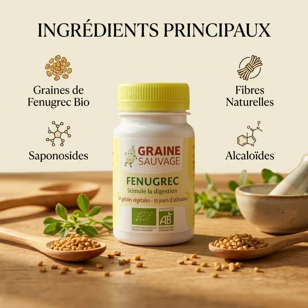 Flacon de fenugrec bio en gélules Graine Sauvage avec ingrédients et graines sur surface bois
