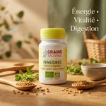 Graine Sauvage Fenugrec bio en gélules avec graines et herbes fraîches sur bois naturel