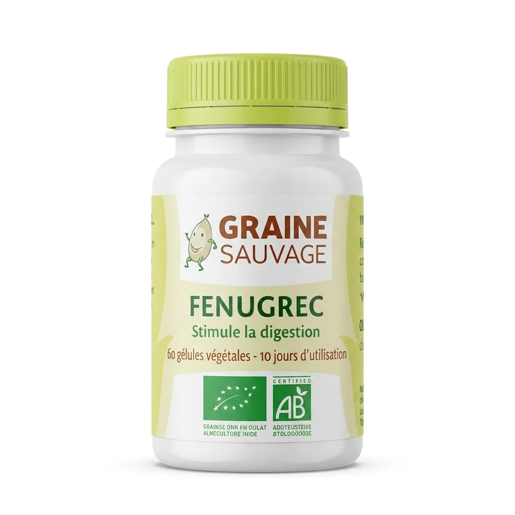 Flacon de Fenugrec bio en gélules Graine Sauvage avec bouchon vert citron sur fond blanc