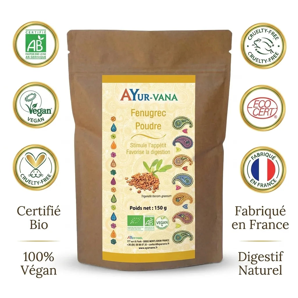 Poudre Fenugrec Bio AYur-Vana certifiée Vegan avec labels AB Bio et Fabriqué en France