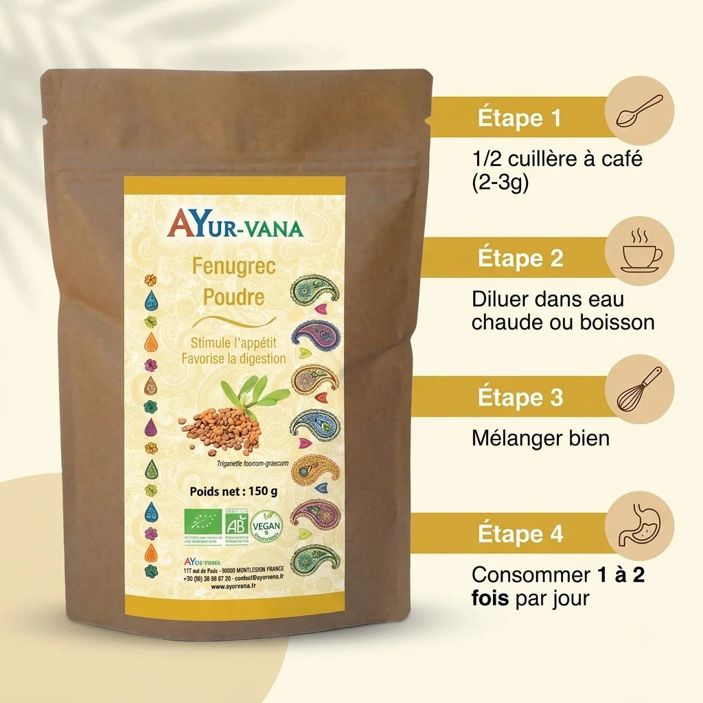 Fenugrec Bio AYur-Vana poudre 150g avec guide posologie: 2-3g dilués eau chaude, 1-2 fois/jour