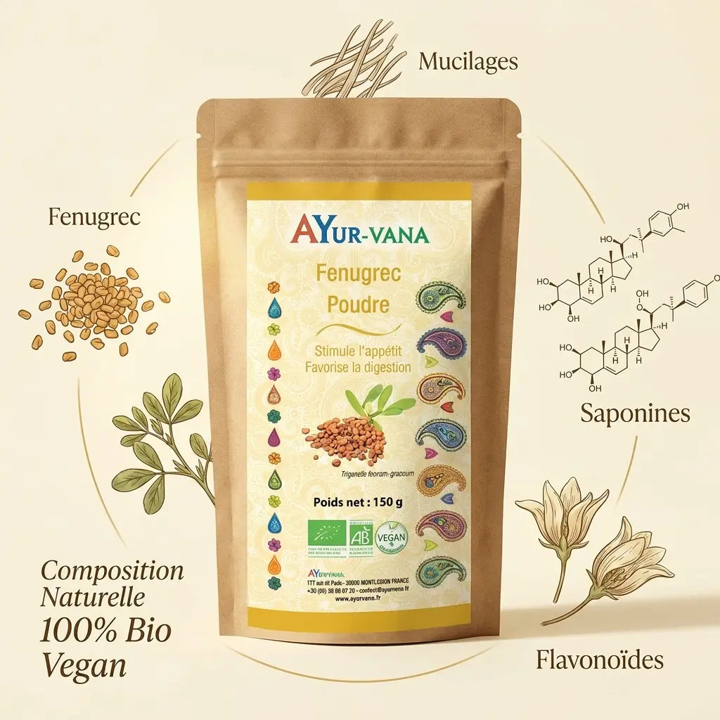 Fenugrec Bio poudre AYur-Vana avec ingrédients naturels, 100% bio et vegan en packaging kraft