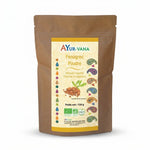 Fenugrec Bio poudre AYur-Vana 150g sachet kraft, produit vegan naturel isolé fond blanc