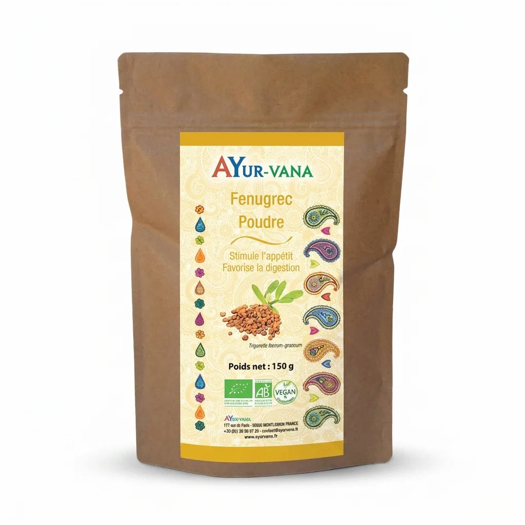 Fenugrec Bio poudre AYur-Vana 150g sachet kraft, produit vegan naturel isolé fond blanc