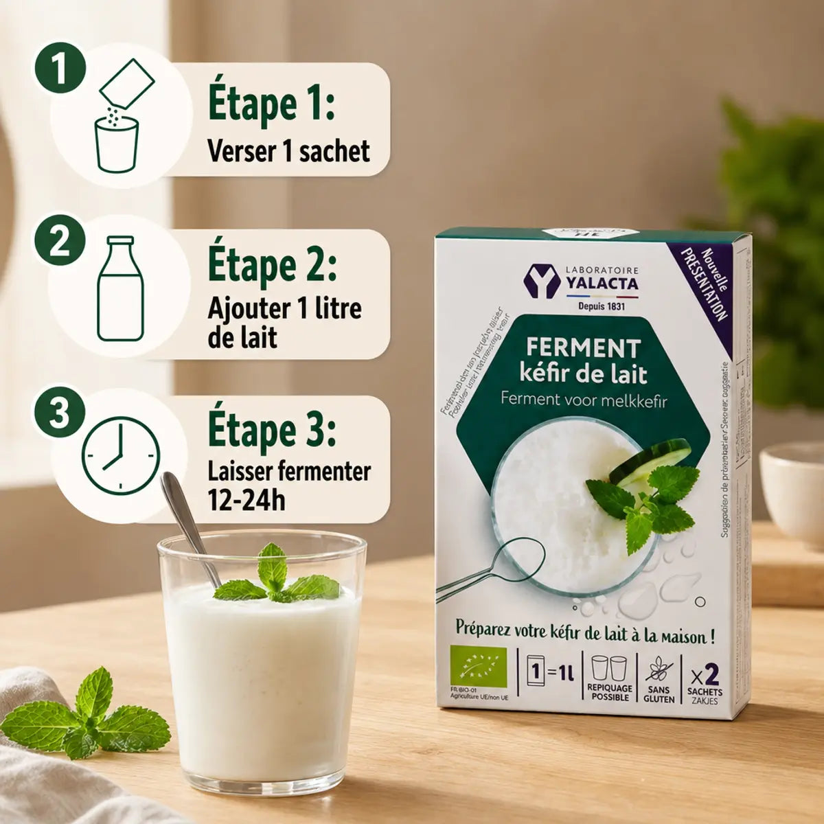Ferment kéfir de lait bio Yalacta en sachet avec mode de préparation en 3 étapes et verre de kéfir frais