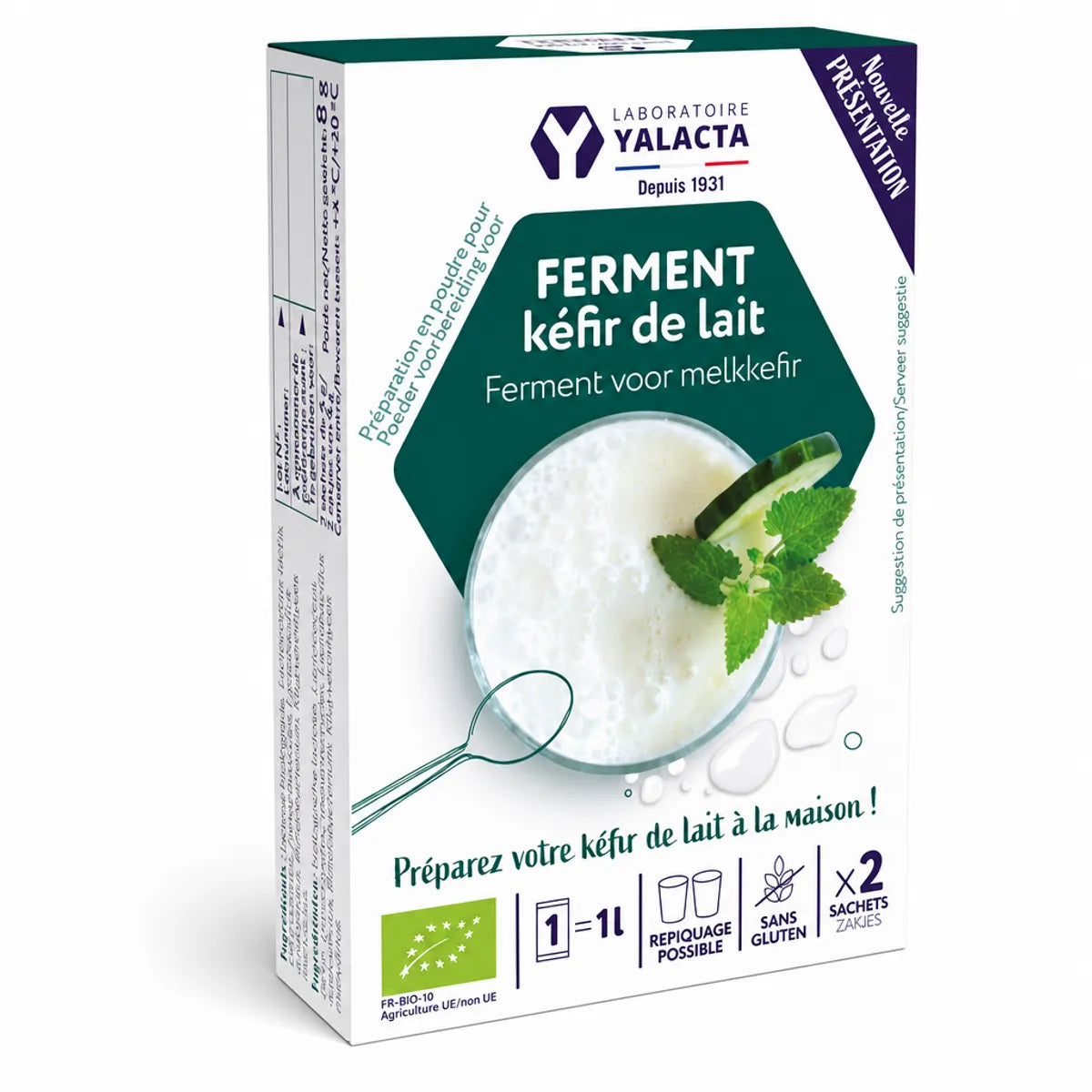 Ferment Kéfir de lait bio Yalacta en sachets, packaging blanc et violet isolé