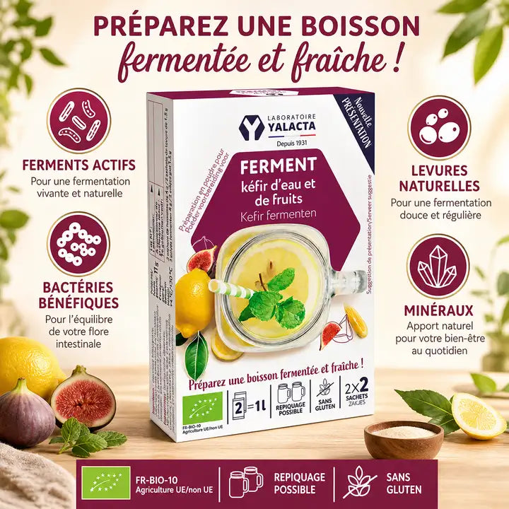 Ferment Kéfir d'eau bio Yalacta en sachet avec ingrédients actifs et certification organic