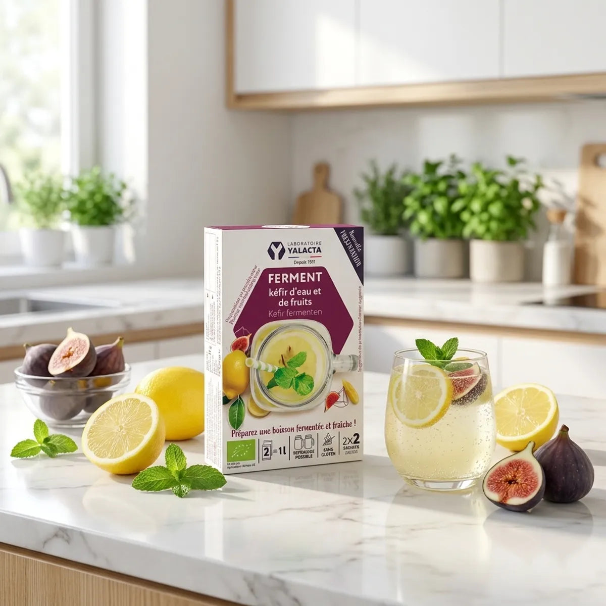 Sachets de ferment Yalacta kéfir d'eau bio avec verre de boisson fermentée, citron et menthe