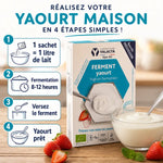 Ferment yaourt bio Yalacta en sachet avec mode d'emploi et yaourt frais aux fraises
