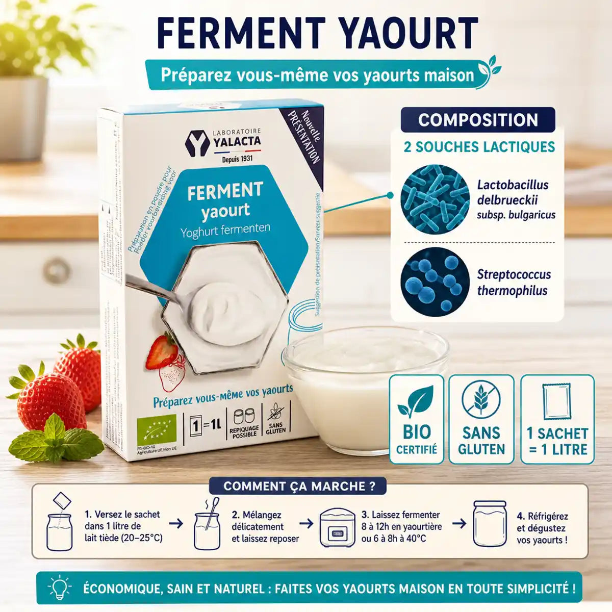 Sachet ferment yaourt bio Yalacta avec cultures lactiques, sans gluten, composition infographie