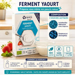 Sachet ferment yaourt bio Yalacta avec cultures lactiques, sans gluten, composition infographie