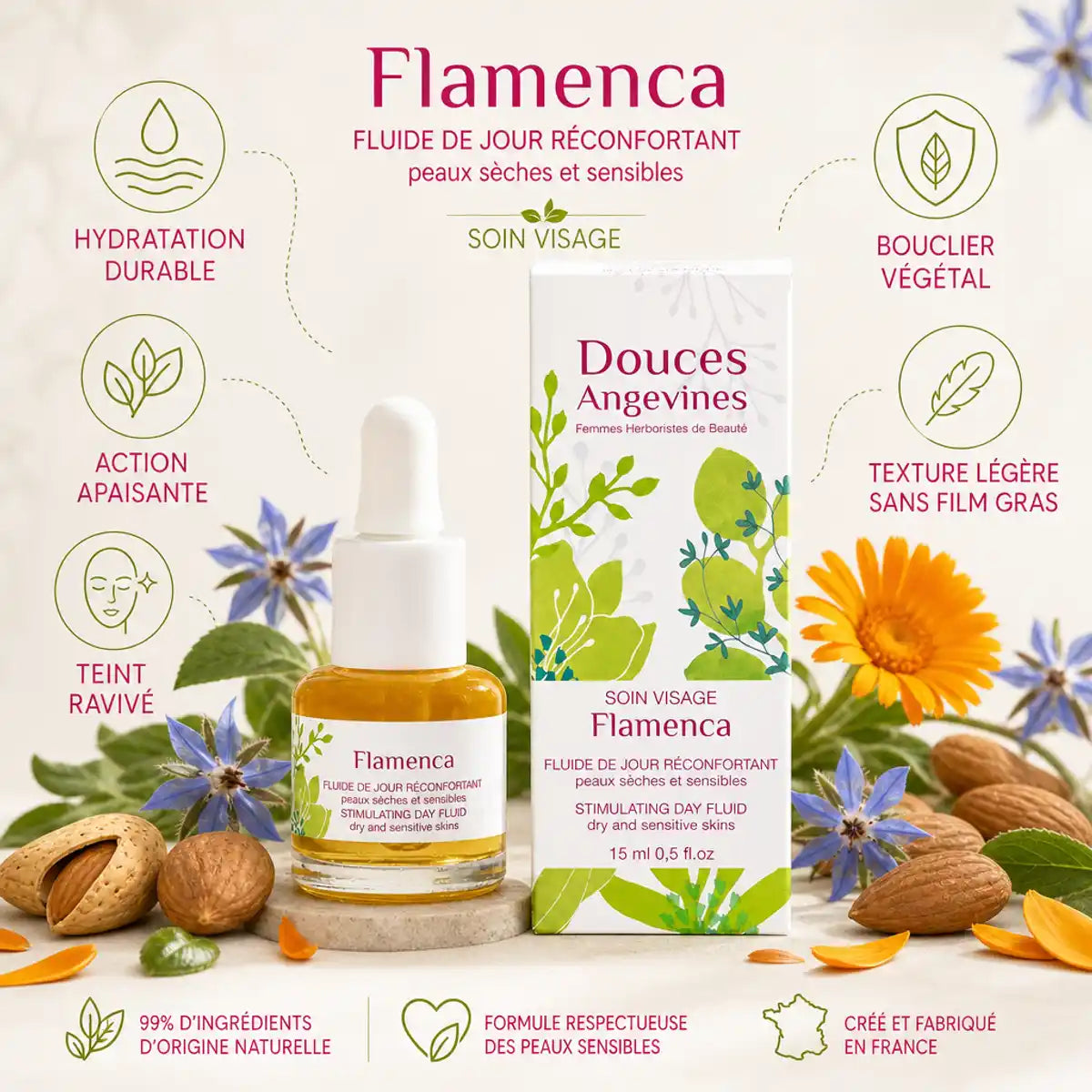 Flamenca Soin Jour bio certifié Douces Angevines avec ses 5 bénéfices et ingrédients naturels