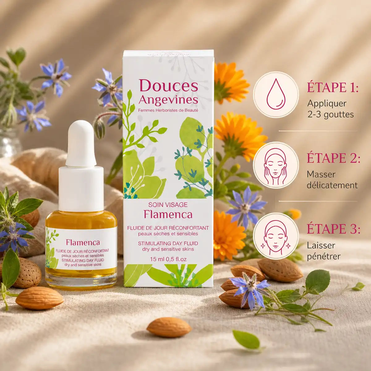 Flamenca Soin Jour bio Douces Angevines - flacon, mode d'emploi et fleurs naturelles