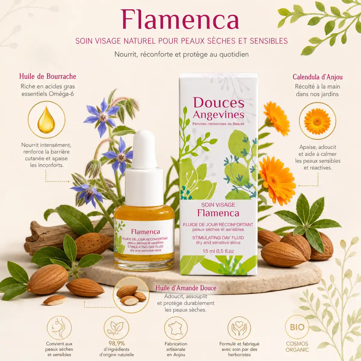 Flamenca Soin Jour bio Douces Angevines avec ingrédients botaniques Bourrache et Calendula d'Anjou