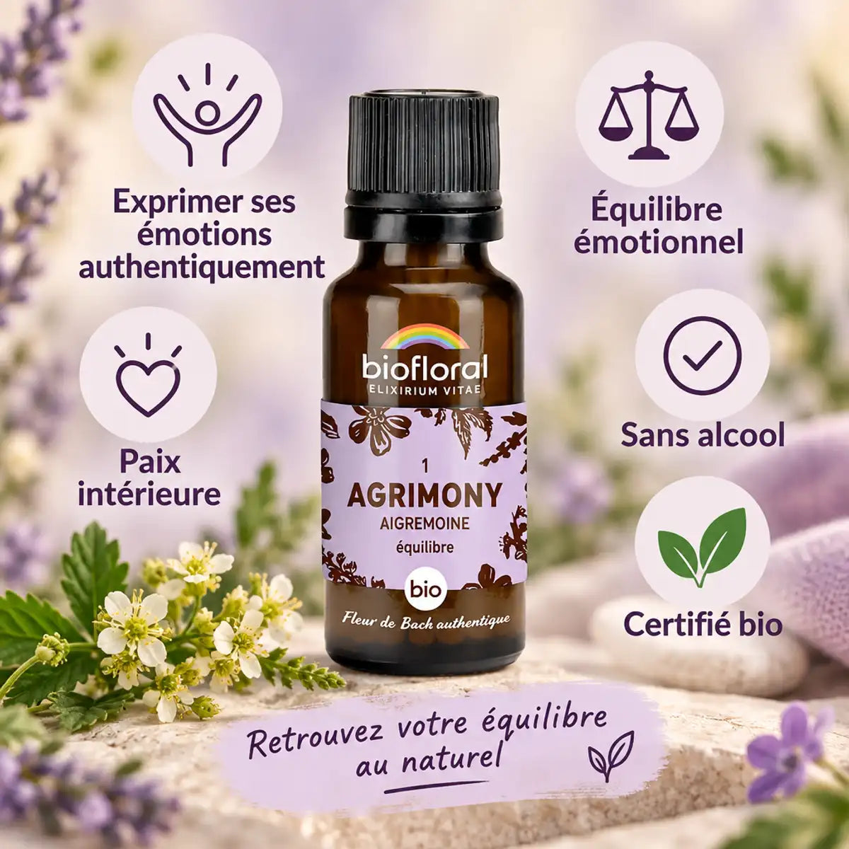 Fleur de Bach Agrimony bio Biofloral en granules avec ses 5 bénéfices : émotions, équilibre, paix intérieure, sans alcool, certifié bio