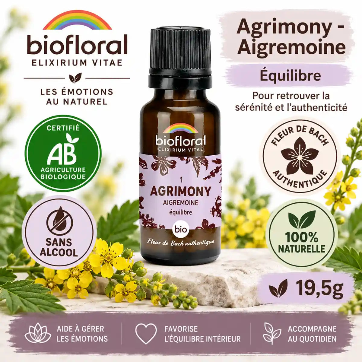Fleur de Bach Agrimony Bio 19,5g Biofloral, flacon verre ambré certifié avec badges Bio AB et sans alcool