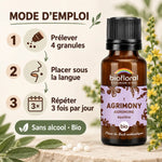 Fleur de Bach Agrimony Biofloral en granules 19,5 g avec mode d'emploi : 4 granules sous la langue, 3 fois par jour

Let me check length: roughly 125 characters? Count: "Fleur de Bach Agrimony Biofloral en granules 19,5 g avec mode d'emploi : 4 granules sous la langue, 3 fois par jour" ≈ 117 characters. Fine.

Fleur de Bach Agrimony Biofloral en granules 19,5 g avec mode d'emploi : 4 granules sous la langue, 3 fois par jour