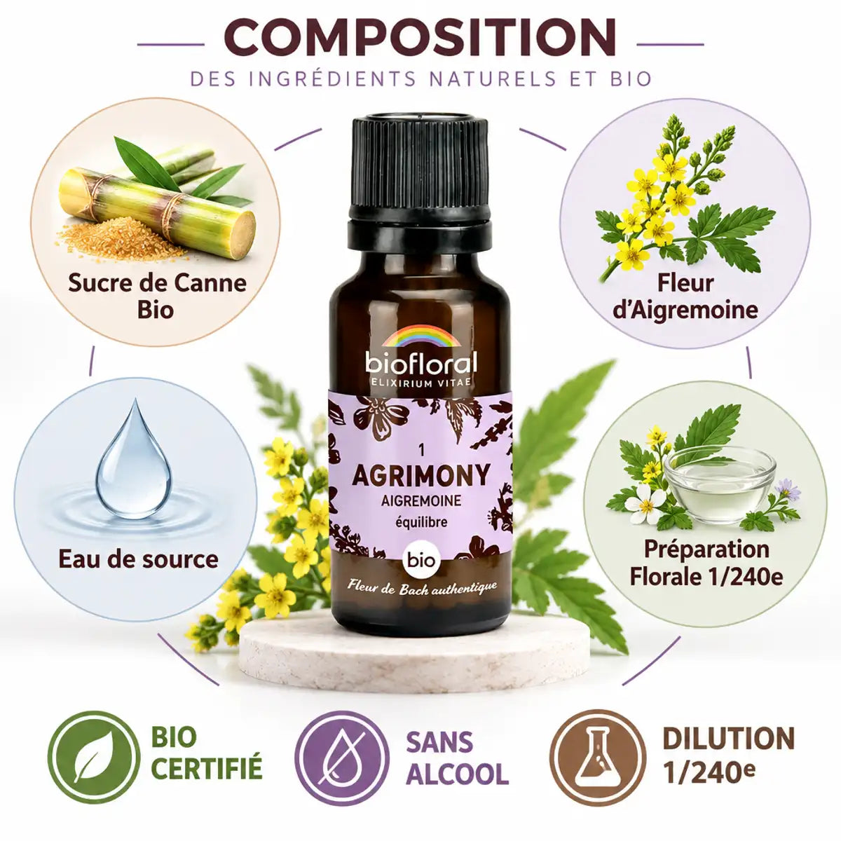Fleur de Bach Aigremoine Bio Biofloral 19,5g avec composition sucre, fleur, eau et préparation florale