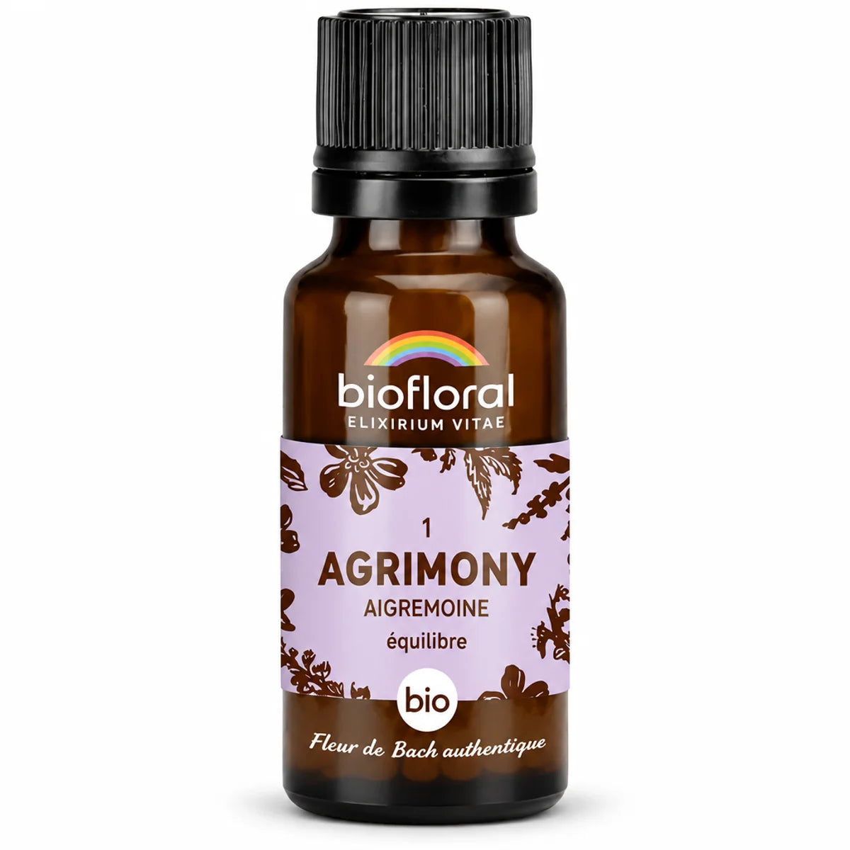 Fleur de Bach Agrimony Biofloral en granules 19,5g, flacon verre brun isolé
