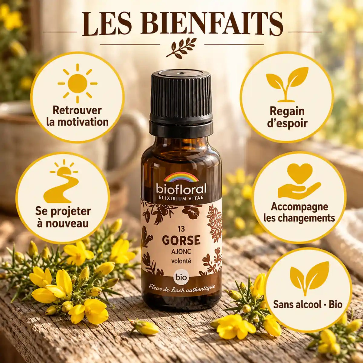 Fleur de Bach Ajonc (Gorse) Bio en granules Biofloral : flacon ambré, fleurs jaunes d'ajonc et bienfaits motivation et espoir
