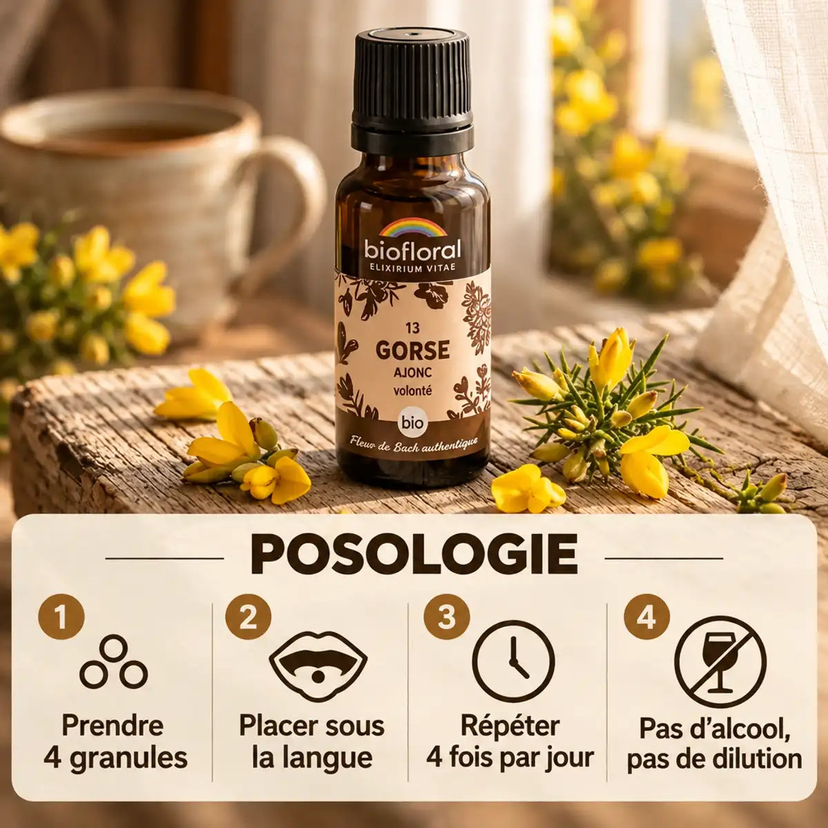Flacon Biofloral de fleur de Bach Ajonc (Gorse) en granules, posologie affichée, fleurs jaunes d'ajonc sur bois rustique