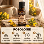 Flacon Biofloral de fleur de Bach Ajonc (Gorse) en granules, posologie affichée, fleurs jaunes d'ajonc sur bois rustique