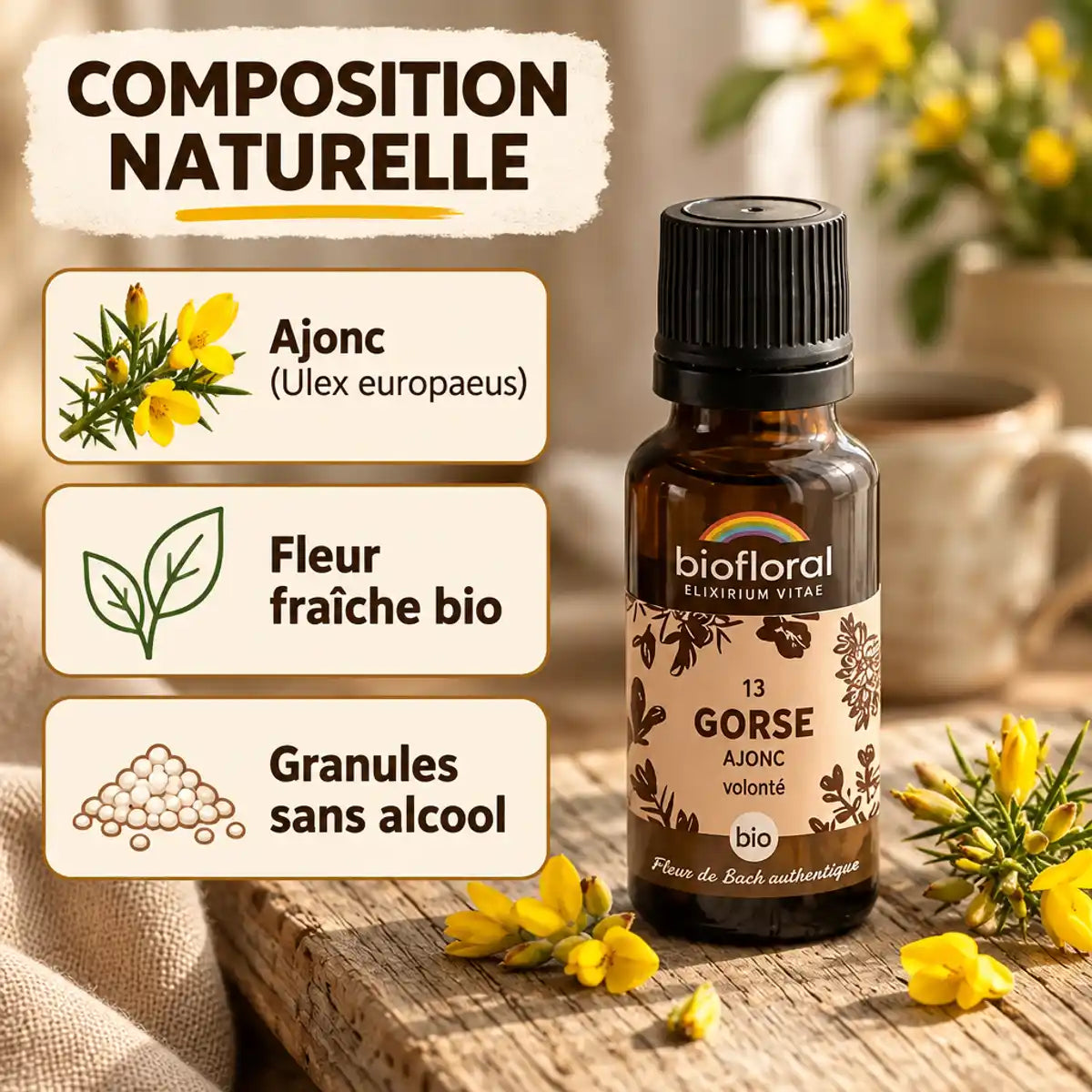 Flacon Biofloral de fleur de Bach Ajonc (Gorse) bio en granules, entouré de fleurs d'ajonc jaunes sur bois clair