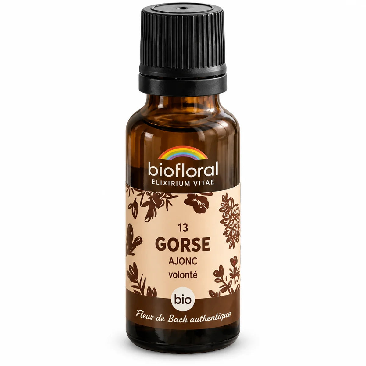 Fleur de Bach Ajonc (Gorse) Biofloral en granules 19,5 g, flacon ambré avec pipette et étiquette bio