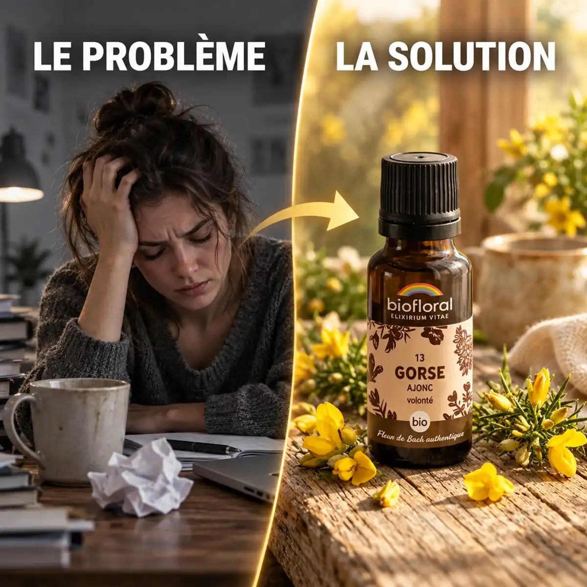 Problème vs solution : flacon de fleur de Bach Ajonc (Gorse) Bio Biofloral en granules, posé sur une table en bois dorée