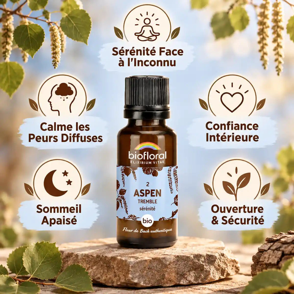 Fleur de Bach Aspen Biofloral granules avec bénéfices : sérénité, calme des peurs et confiance intérieure