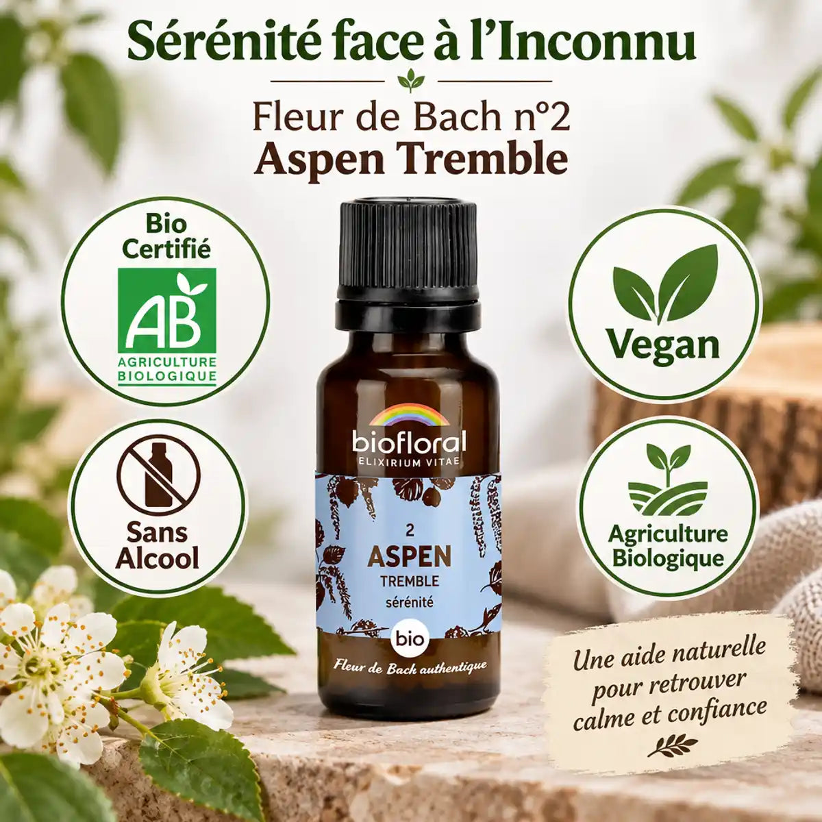 Fleur de Bach Aspen Biofloral bio 19,5g granules certifiées AB sans alcool vegan