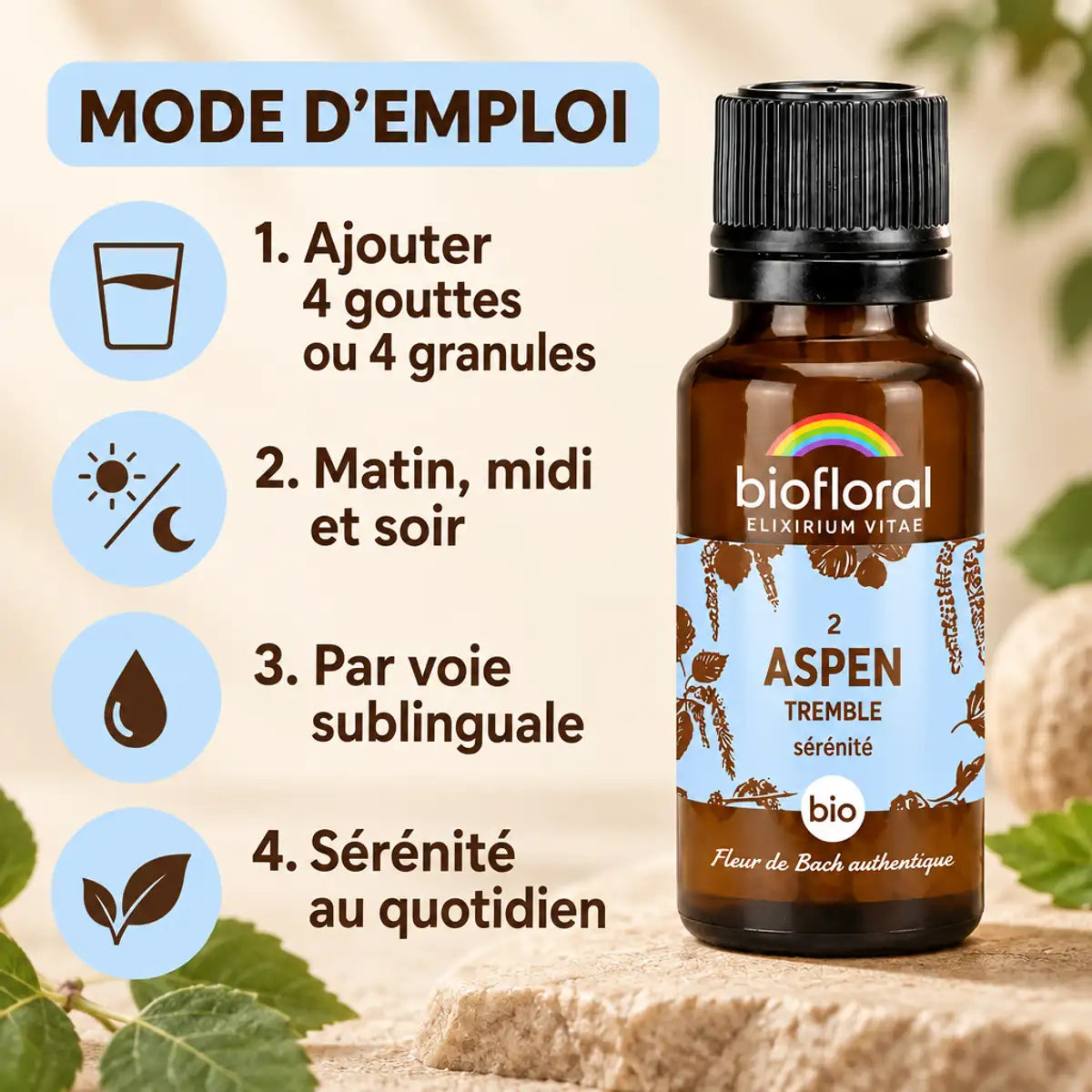 Fleur de Bach Aspen Bio en granules Biofloral 19,5 g, flacon sérénité et mode d'emploi illustré en français