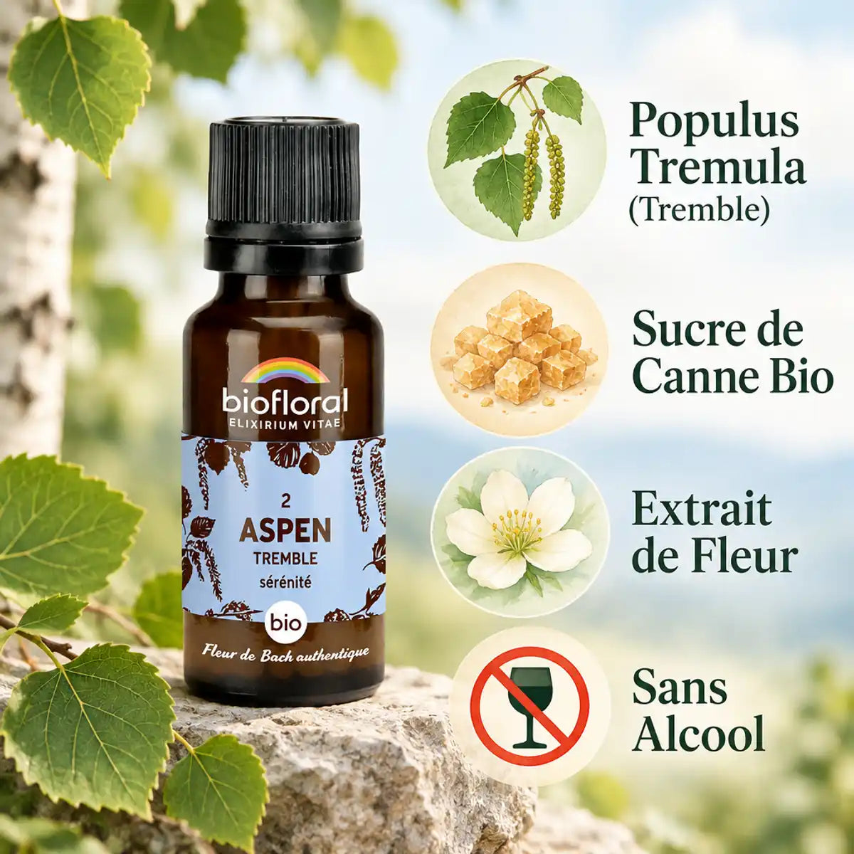 Fleur de Bach Aspen Biofloral en granules avec ingrédients biologiques et sans alcool