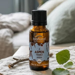 Fleur de Bach Aspen Biofloral granules 19,5g avec feuilles de tremble sur fond zen