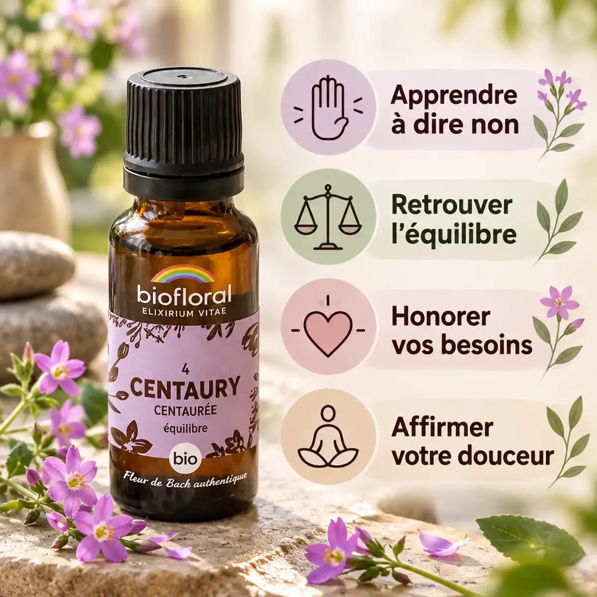 Fleur de Bach Centaurée Biofloral avec 4 bénéfices: dire non, équilibre, besoins, douceur