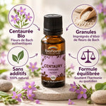 Fleur de Bach Centaurée bio en granules Biofloral avec infographie des bénéfices et fleurs pourpres