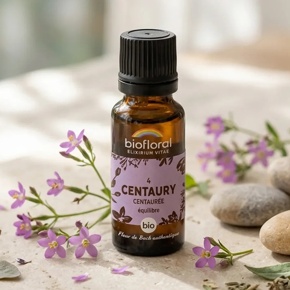 Fleur de Bach Centaury Biofloral en granules 19,5g avec fleurs violettes et pierres pour l'équilibre émotionnel