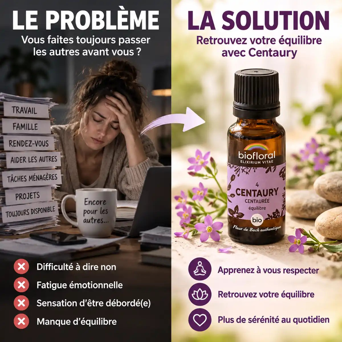 Fleur de Bach Centaury Biofloral en granules, solution naturelle contre surmenage et fatigue