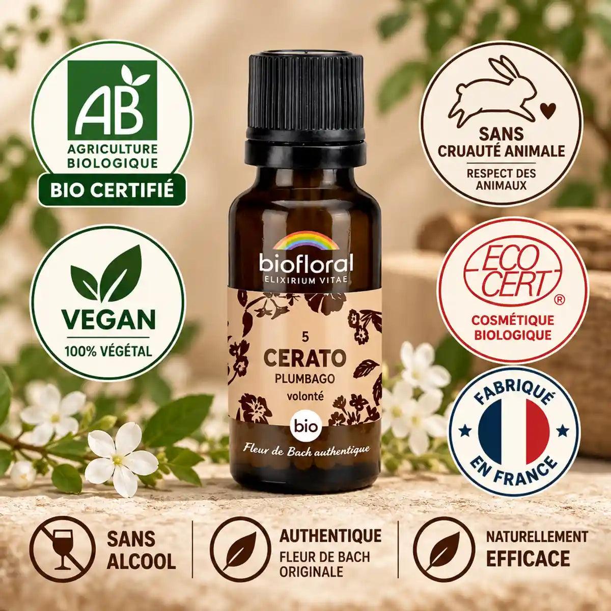 Fleur de Bach Cerato Plumbago bio 19,5g Biofloral certifié AB vegan sans alcool