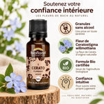 Fleur de Bach Cerato Biofloral en granules avec infographie des ingrédients bio et bénéfices