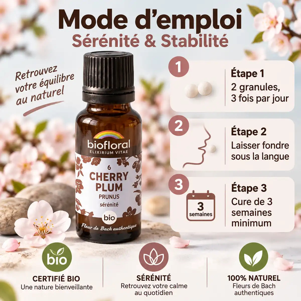 Fleur de Bach Cherry Plum Bio granules Biofloral avec mode d'emploi et dosage sérénité