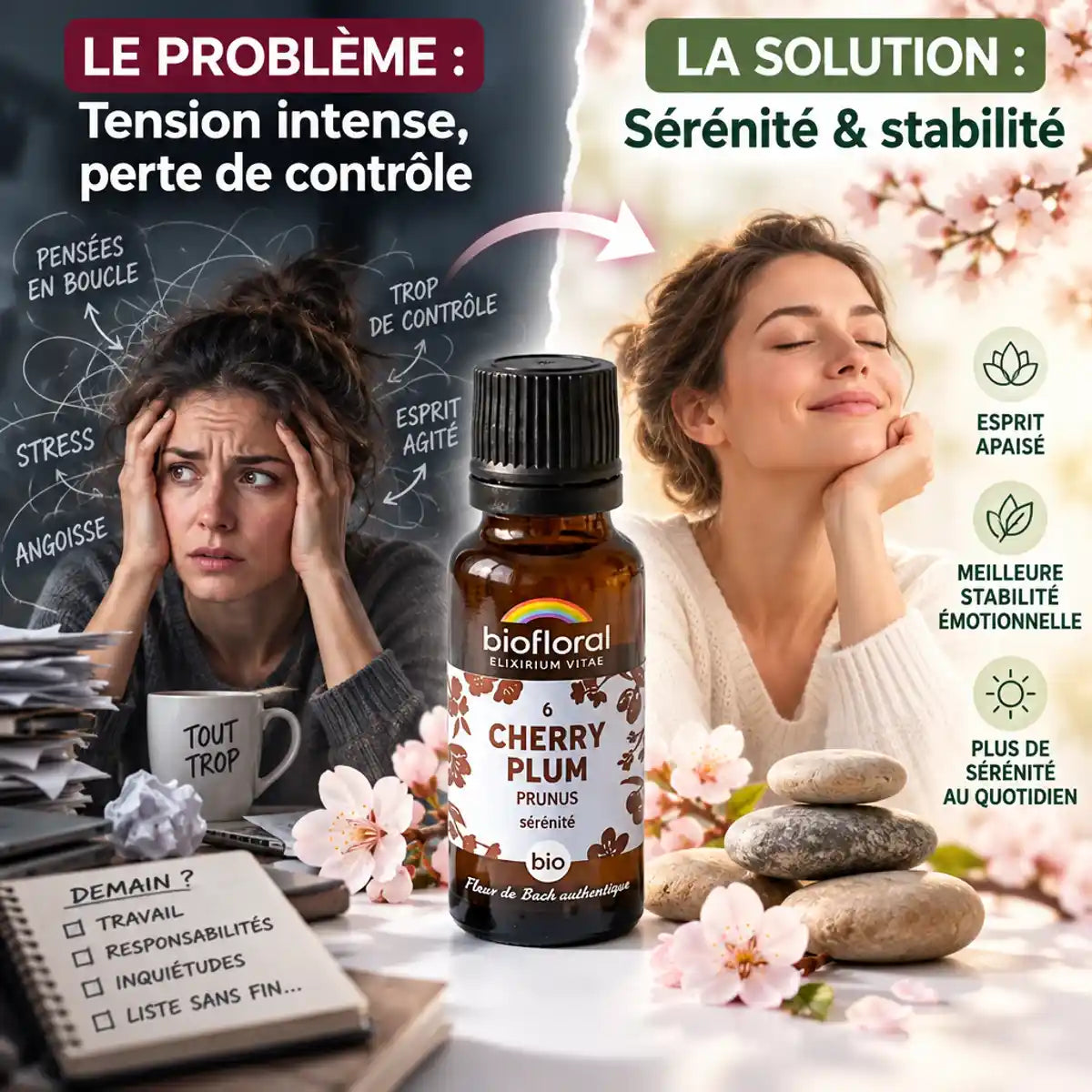 Fleur de Bach Cherry Plum Biofloral - solution naturelle pour sérénité et contrôle émotionnel en granules bio